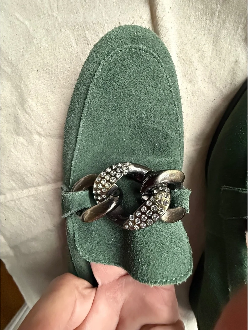 White Mountain Green Suede Loafers with Rhinestone Chain Detail, Size 7M